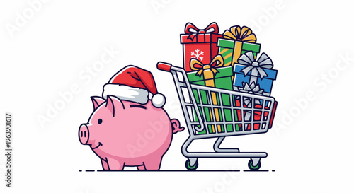 A cute piggy wearing a Santa hat pushing a shopping cart filled with gifts