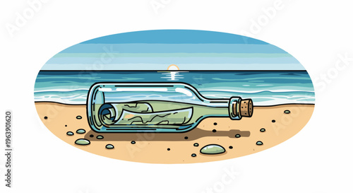 A glass bottle with a rolled-up message inside lies on a sandy beach near the ocean at sunset