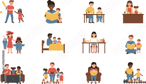 Collection of parent and child activities including reading, playing, cooking, homework, sports, and spending quality family bonding time together