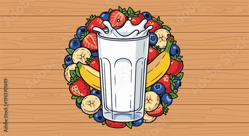 A glass of milk splashes surrounded by fresh berries and bananas on wood