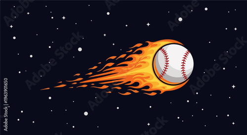 A fiery baseball streaks through a starry night sky