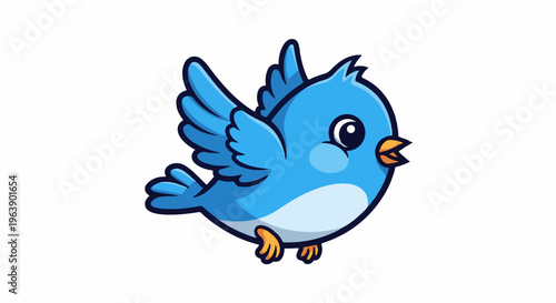 A cute, plump blue bird with wings outstretched, in flight