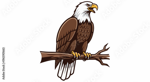 A majestic eagle with open beak perches on a bare branch