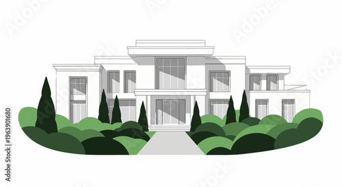 A modern white mansion with a clean path and lush green landscaping