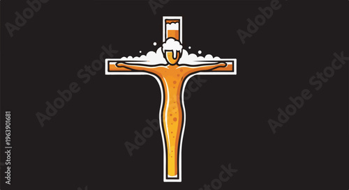 A figure resembling a crucifix made of beer with frothy bubbles