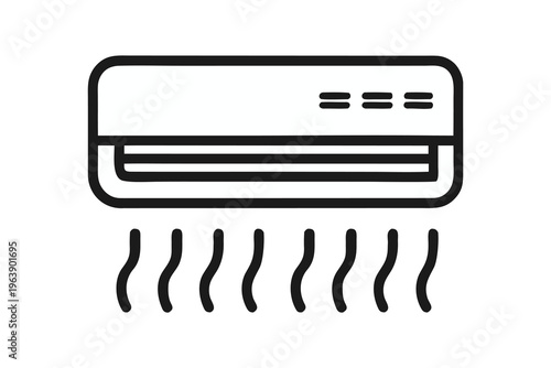 Line art icon of an air conditioner with stylized wavy lines representing cool air being blown out, signifying temperature control and freshness, Climate Control