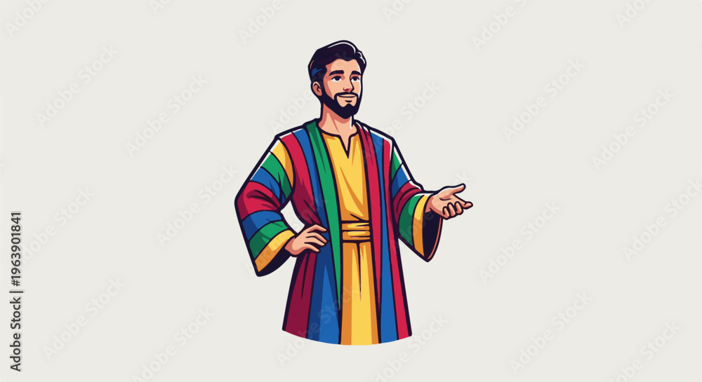 Fototapeta premium A man in a multicolored robe with a yellow undershirt gestures welcomingly