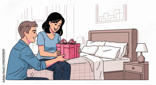 A man gives a woman a gift in a bedroom with a bed and nightstand