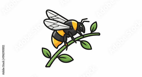 A cartoon bumblebee with yellow and black stripes perches on a green branch