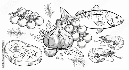 A monochromatic illustration of food items, including steak, fish, shrimp, garlic, and tomatoes