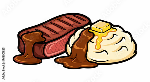 A grilled steak with brown gravy and mashed potatoes topped with butter