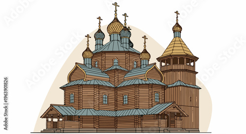 A detailed illustration of a wooden church with multiple domes and a bell tower