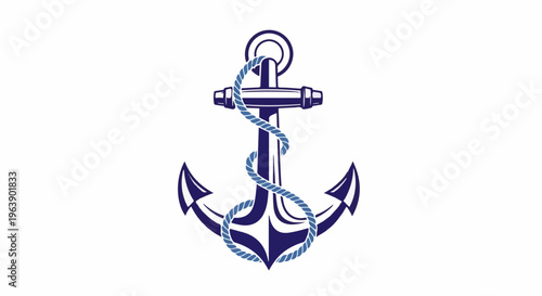 A dark blue anchor with a lighter blue rope coiled around it