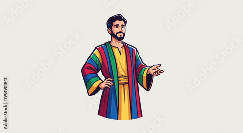 A man in a multicolored robe with a yellow undershirt gestures welcomingly