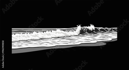 A monochrome depiction of crashing ocean waves rolling onto a dark shore