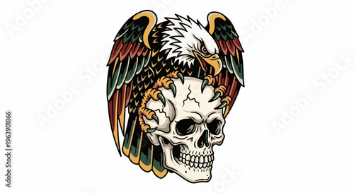 A detailed illustration of an eagle with striking claws gripping a skull
