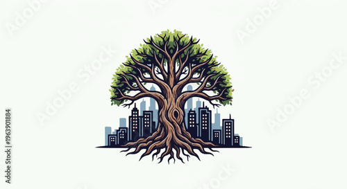 A large, mature tree with sprawling roots and branches overshadows a city skyline