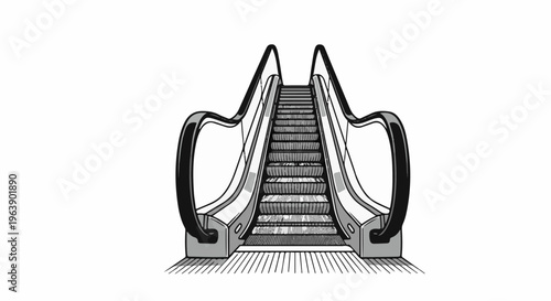 A monochrome illustration of a modern escalator with curved handrails