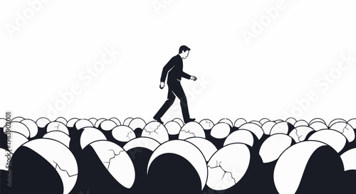 A man walks across a landscape of cracked eggs
