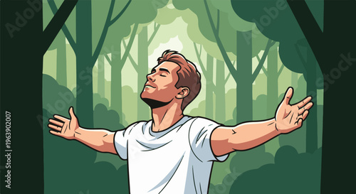 A man stands with arms outstretched in a lush, green forest