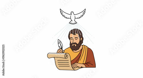 A man with a beard writes with a quill on a scroll as a dove descends