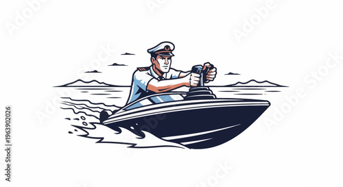 A man wearing a captain's hat steers a speedboat through choppy water