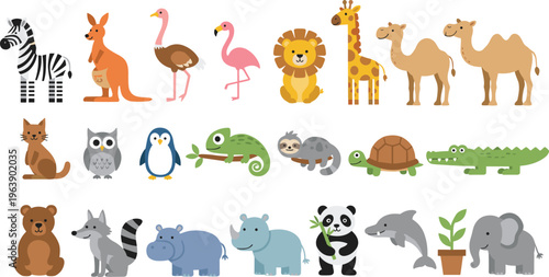 Cute cartoon animal collection including zebra, lion, giraffe, panda, dolphin, elephant, and more for educational and decorative design