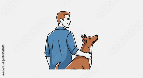 A man with brown hair in a blue shirt embraces a brown dog