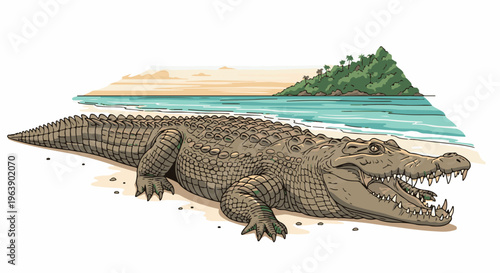 A large reptile rests on a sandy shore with tropical island and ocean in background