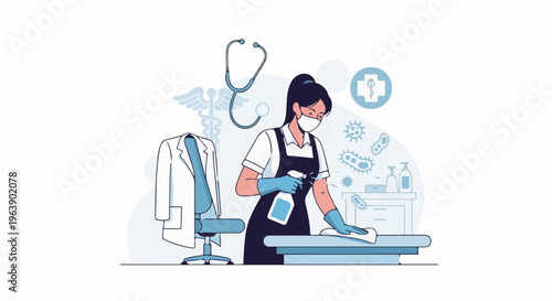 A masked healthcare worker sanitizes a medical setting, surrounded by icons