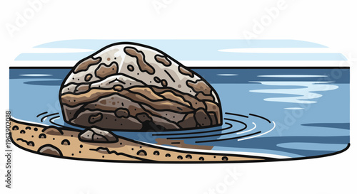A large speckled rock sits on a sandy shore next to tranquil blue water