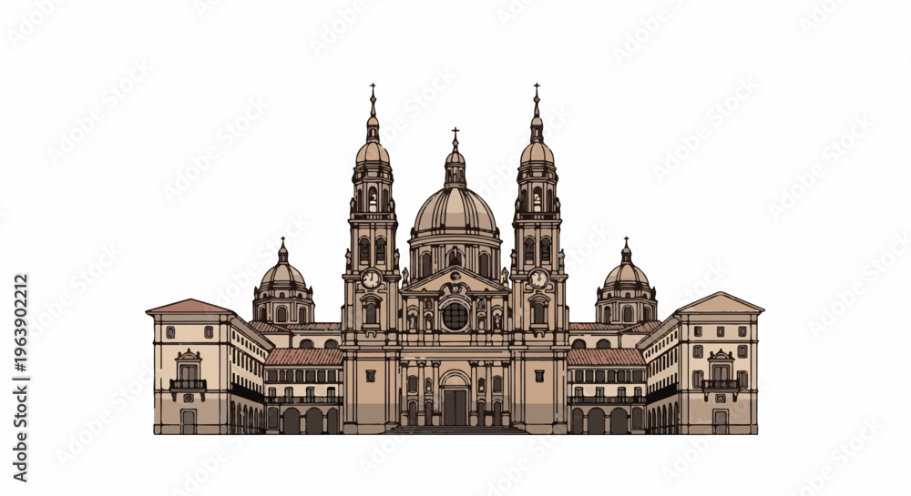Obraz premium A grand, symmetrical building with multiple domes and ornate facade