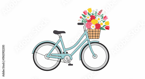 A light blue bicycle with a basket overflowing with colorful flowers on a white background
