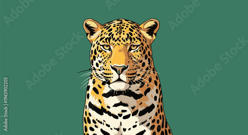 A leopard's portrait with striking eyes and spotted fur against green