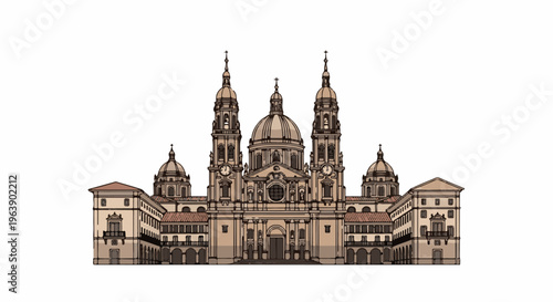 A grand, symmetrical building with multiple domes and ornate facade