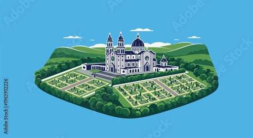 A grand white cathedral complex with manicured gardens and rolling green hills