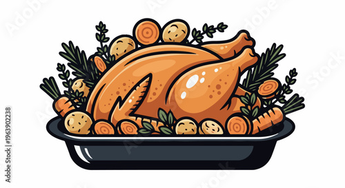 A golden roasted chicken rests in a dark pan with potatoes, carrots, and herbs