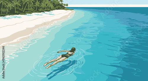 A person swims in the turquoise ocean near a tropical palm-fringed beach