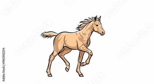 A light brown horse with a flowing mane and tail is captured in motion