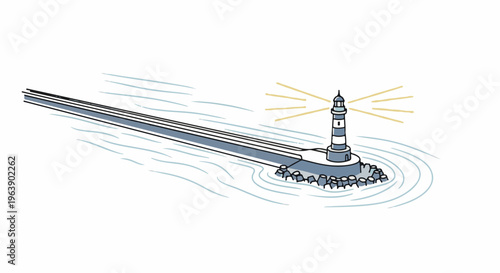 A lighthouse emits a beacon of light across choppy, blue waters from its rocky perch