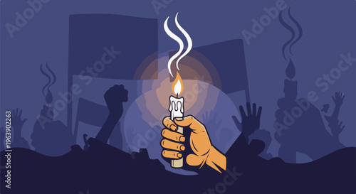 A hand holds a lit candle amidst a crowd of raised hands and flags, conveying unity