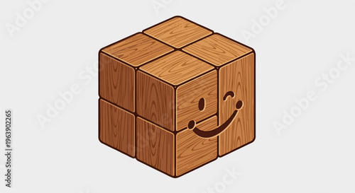 A happy, anthropomorphic wooden block puzzle with a simple smiley face