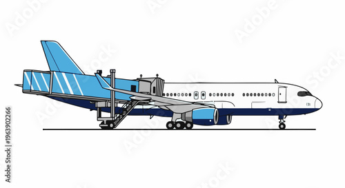 A blue and white airplane is connected to a jet bridge at an airport