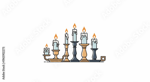 A line drawing of a candelabra with six lit candles in soft blue and orange hues