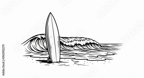 A graphic illustration of a surfboard standing upright on a beach in front of a breaking wave
