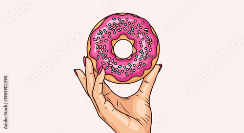 A hand holds a pink frosted donut with sprinkles against a pale background
