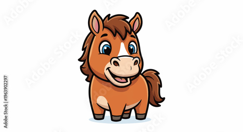 A happy cartoon horse with blue eyes and a white blaze on its face