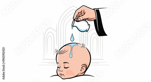 A hand pours water from a jug onto a baby's head during a ceremony