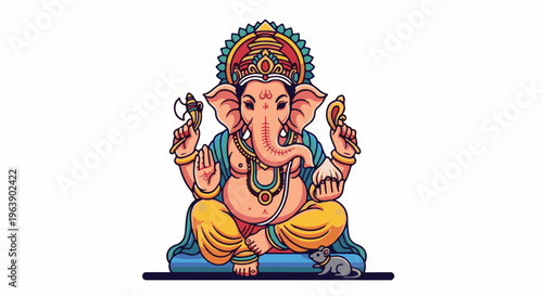 A colorful pixel art depiction of a deity with an elephant head, seated cross-legged