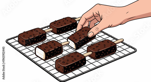 A hand reaches for a chocolate ice cream bar on a cooling rack